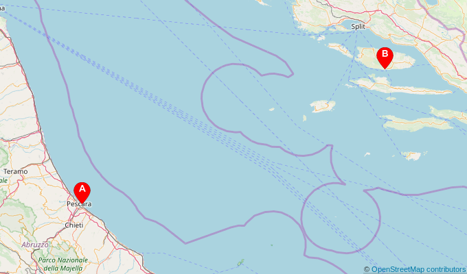Map of ferry route between Pescara and Bol (Brac)